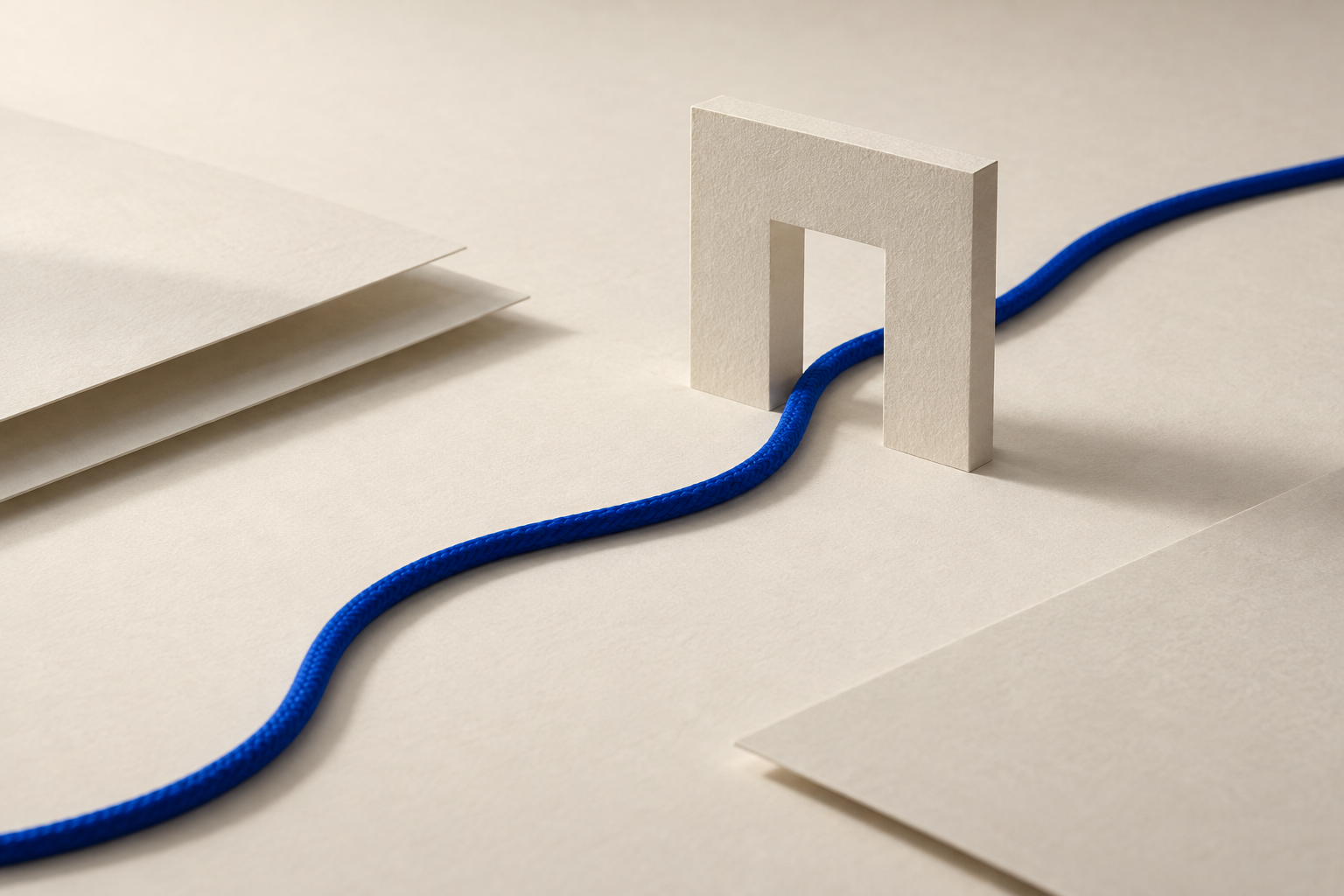 Blue cord follows a clear path through a paper doorway.