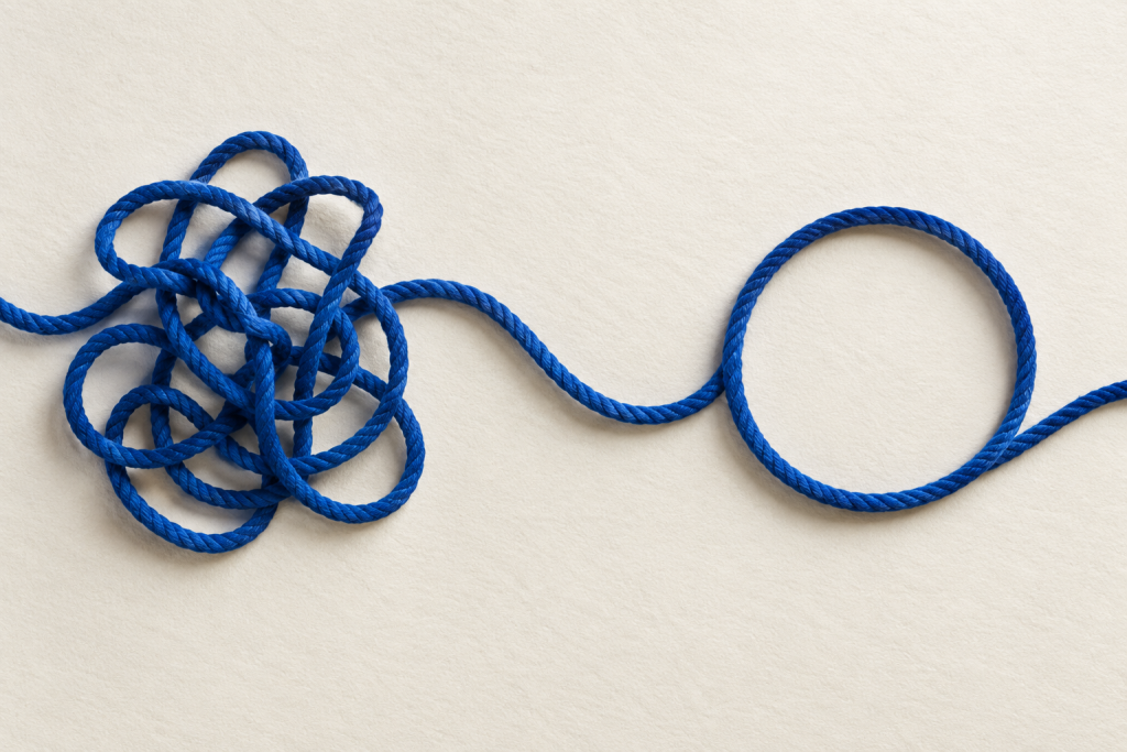Blue cord moves from a loose tangle into a clear loop on ivory paper.