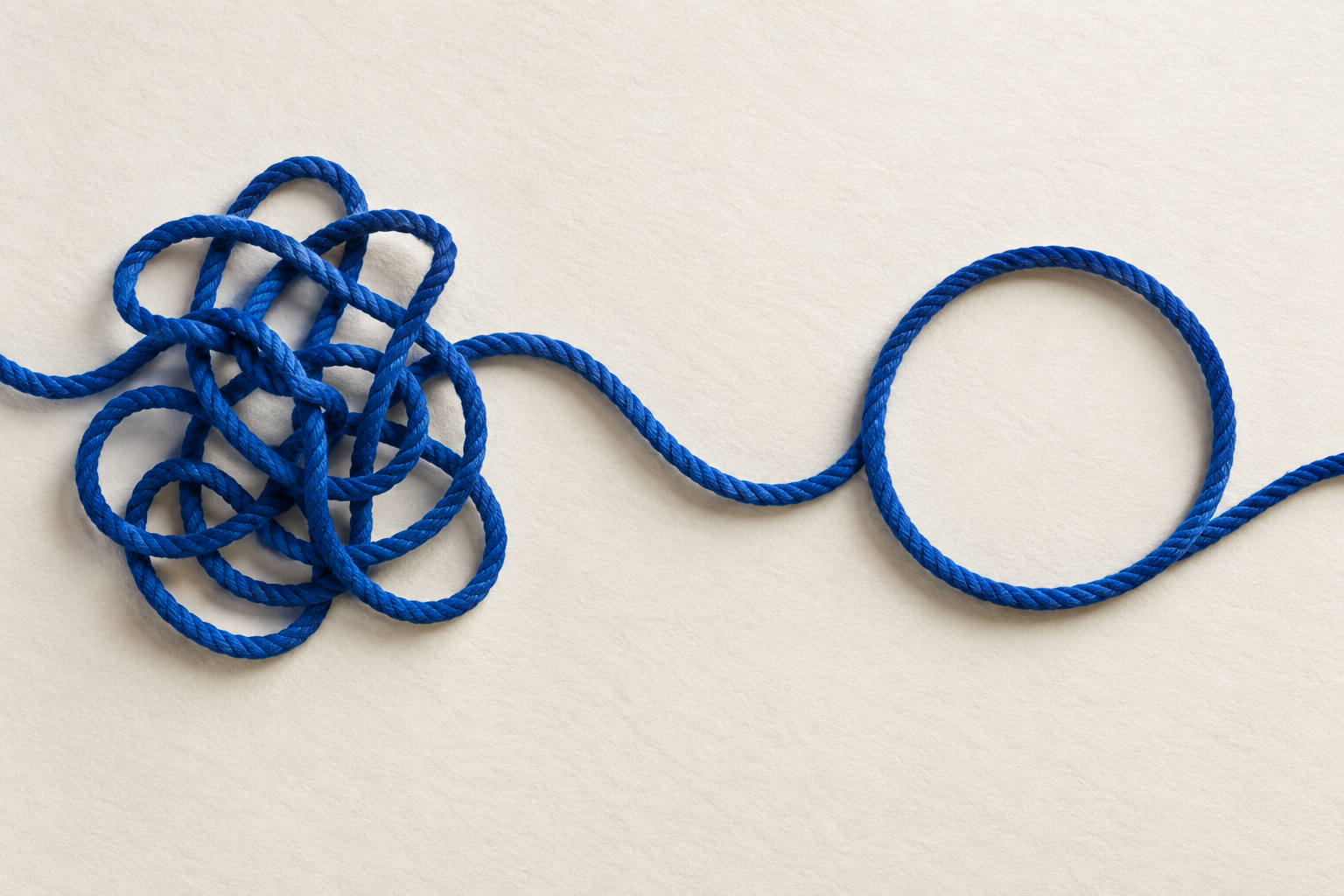 Blue cord moves from a loose tangle into a clear loop on ivory paper.