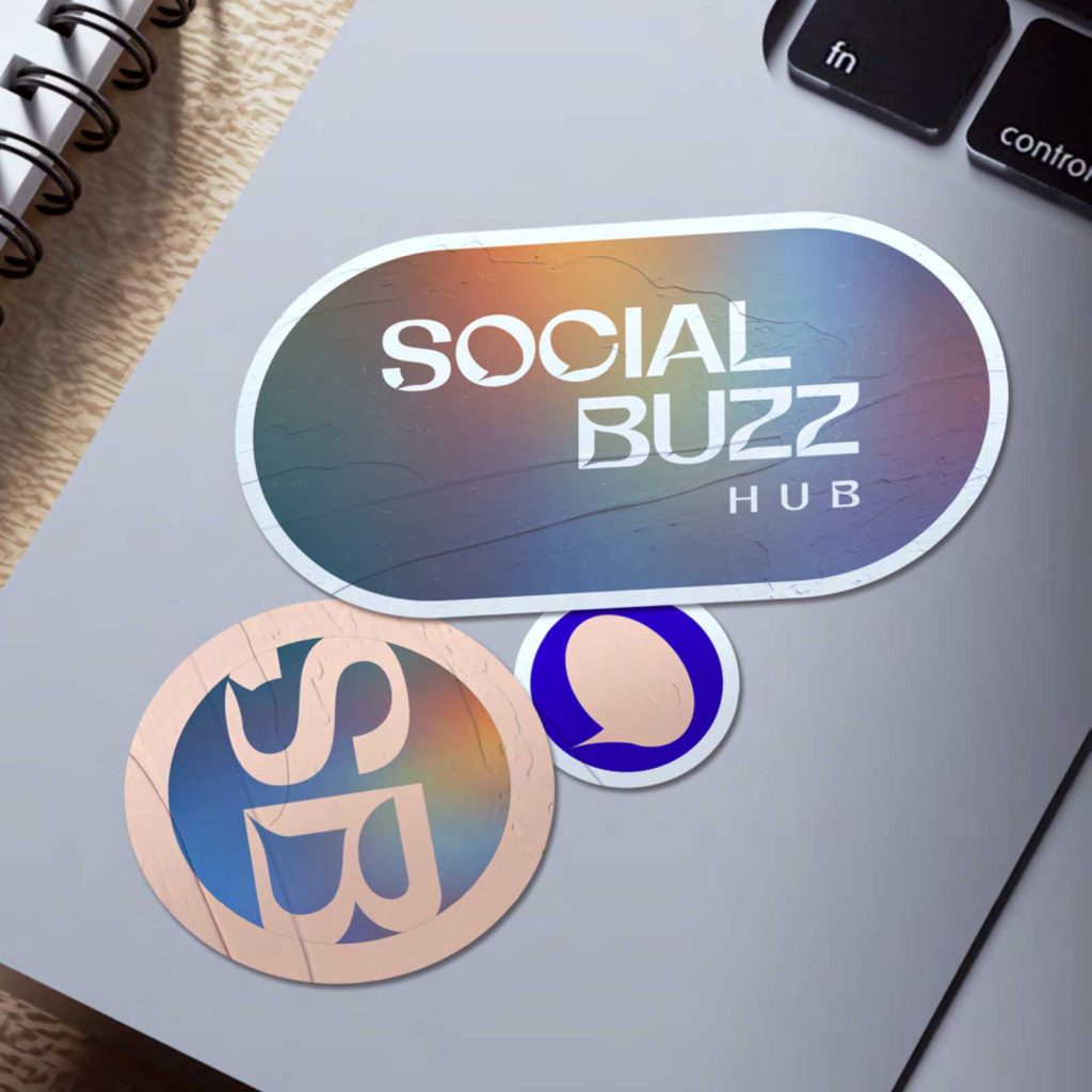Social Buzz Hub logo and chat symbol on stickers
