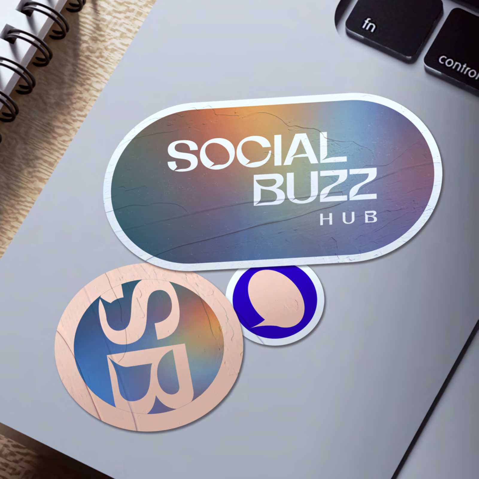 Social Buzz Hub logo and chat symbol on stickers