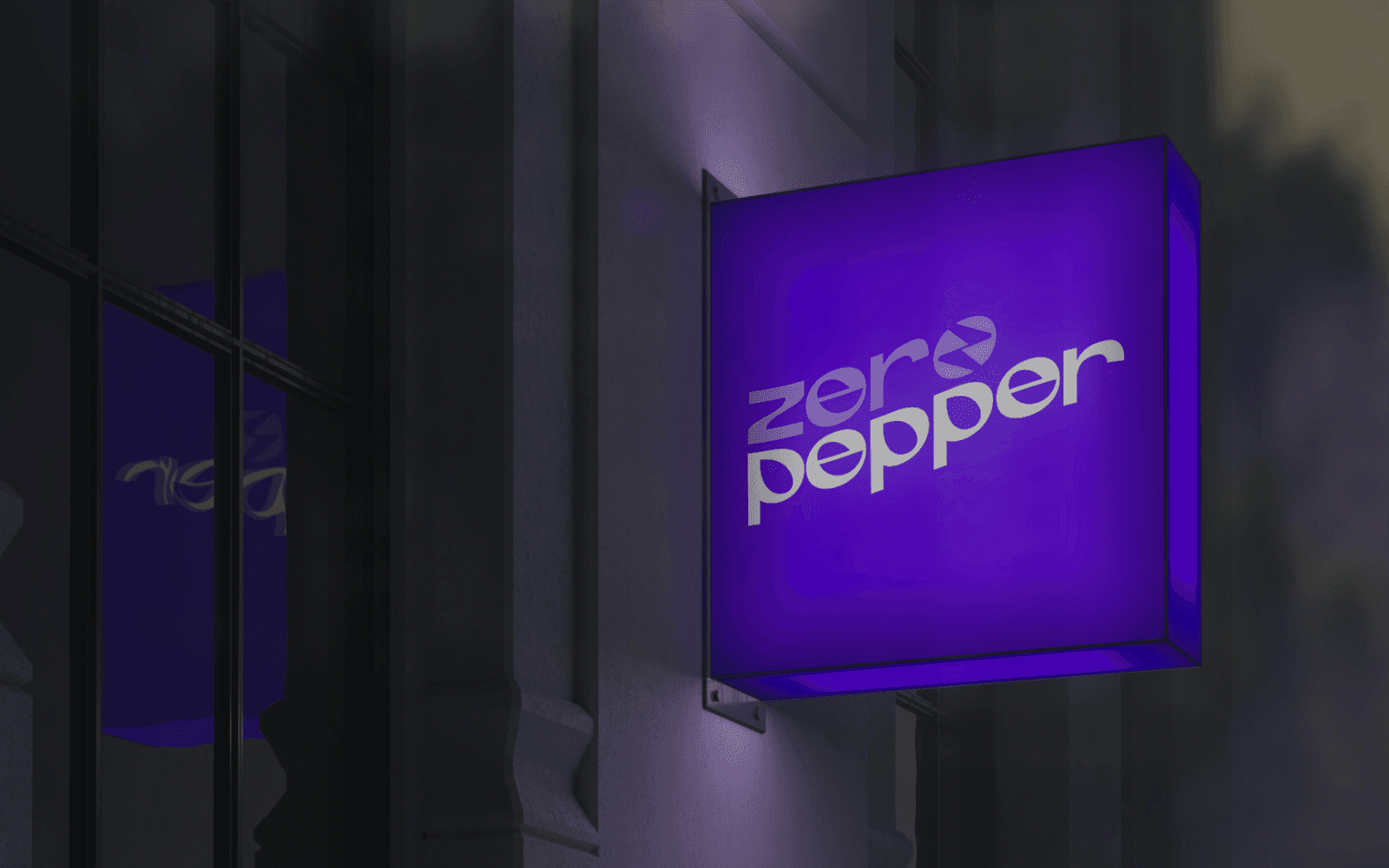 Zero Pepper logotype on an illuminated violet sign